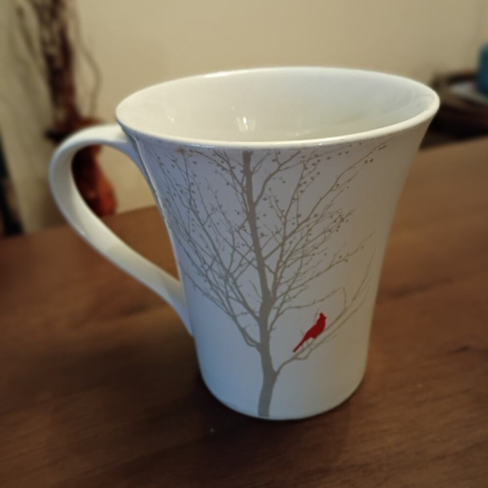 222 Fifth Winter Cardinal Porcelain Coffee Mug White Gray Red Bird Tree Handle